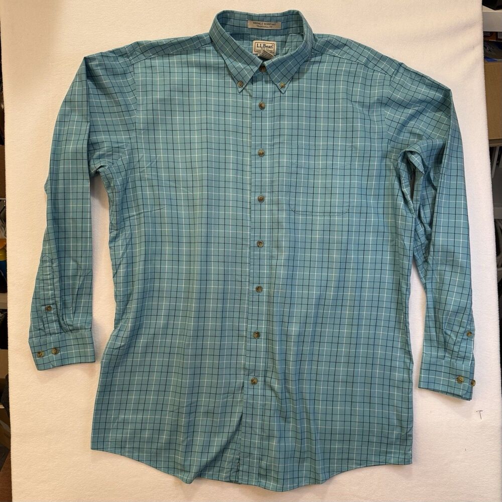 LL Bean Plaid Shirt Blue Plaid Wrinkle Free Traditional Fit Mens XL Tall
